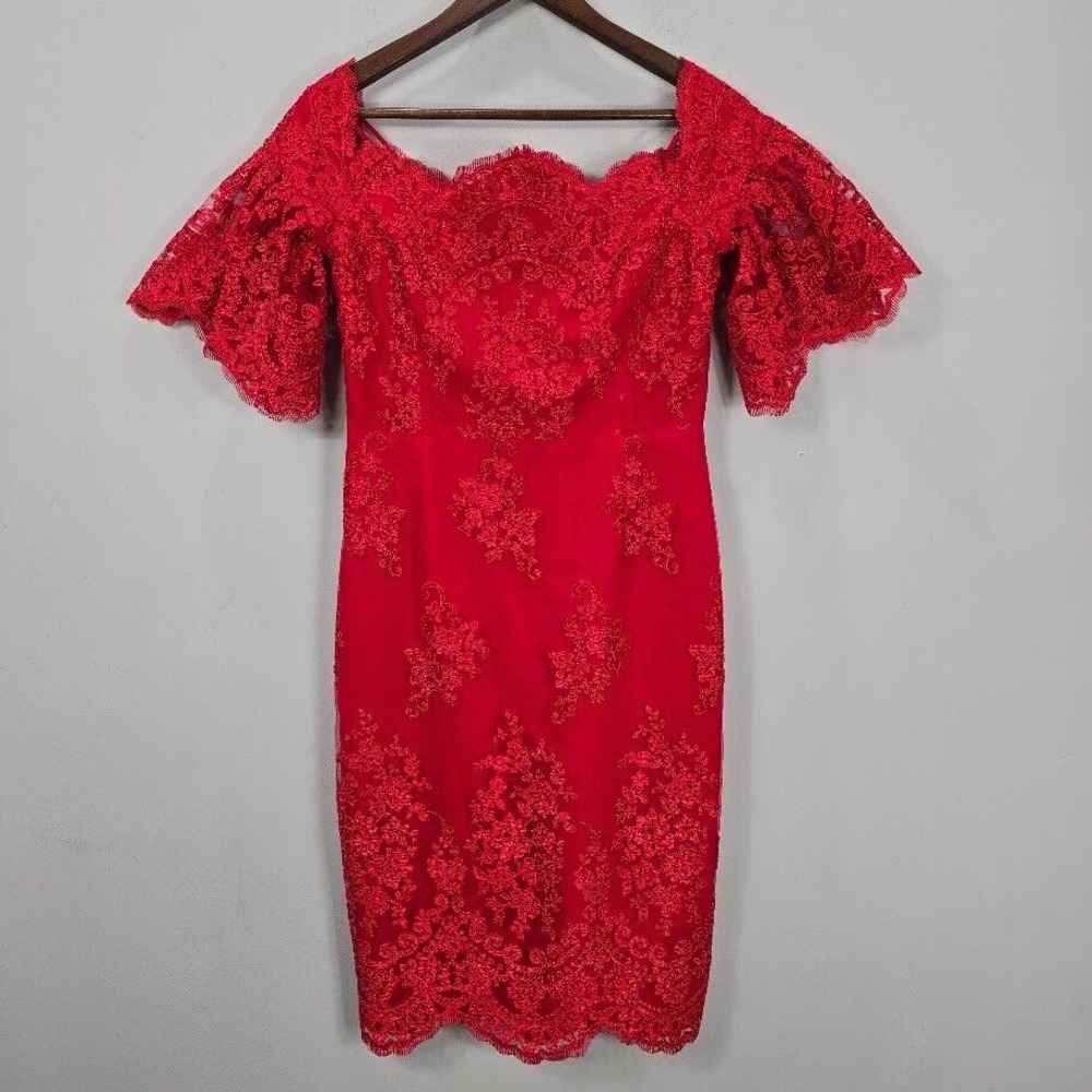 Badgley Mischka Sheath‎ Dress 8 Red Lace Flutter Sleeves Cocktail Romantic